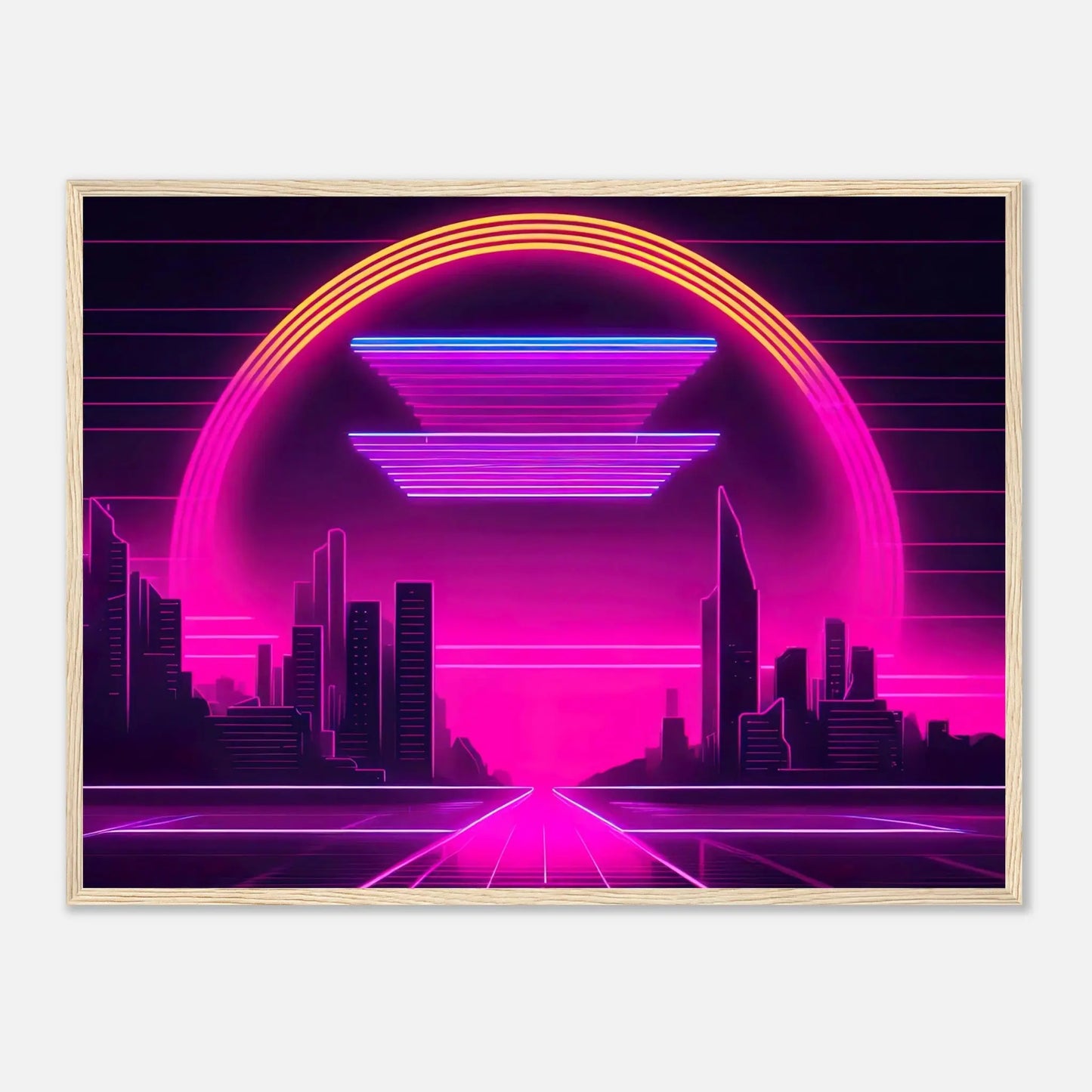 Gerahmtes Premium-Poster - Stadtlandschaft - Neon Stil, KI-Kunst - RolConArt, Neon, 60x80-cm-24x32-Holzrahmen