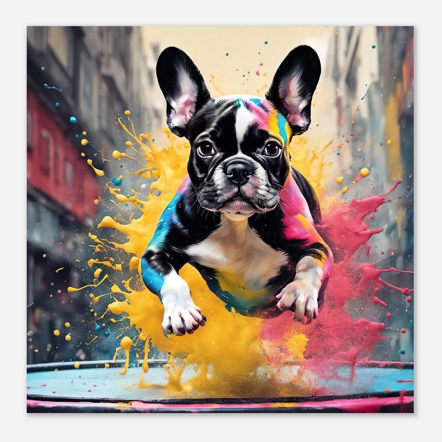 Aluminiumdruck - Französische Bulldogge - Splash Art Stil, KI-Kunst RolConArt