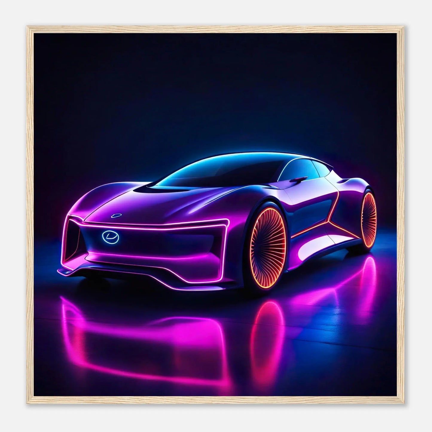 Gerahmtes Premium-Poster -Futuristisches Fahrzeug- Neon Stil, KI-Kunst - RolConArt, Neon, 70x70-cm-28x28-Holzrahmen