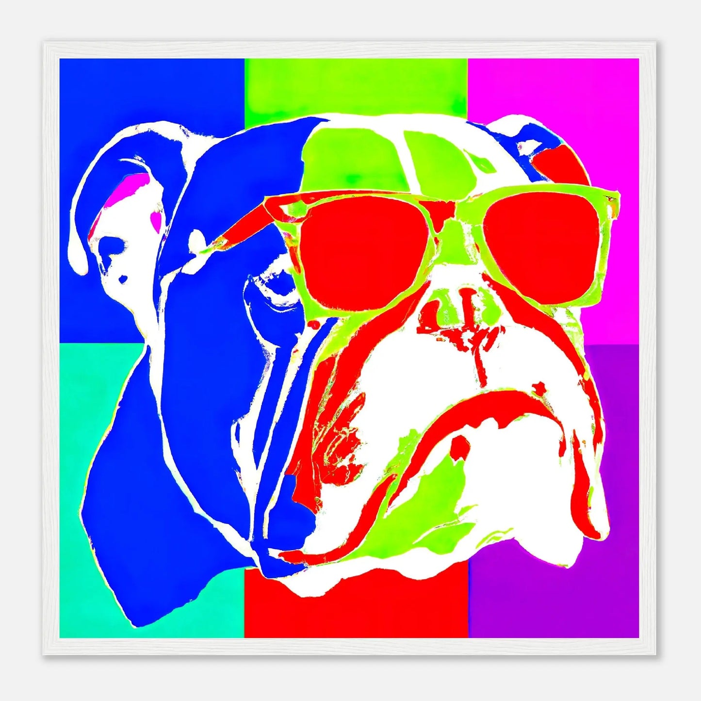 Gerahmtes Premium-Poster - Englische Bulldogge - Pop Art Stil, KI-Kunst - RolConArt, Pop Art - Tiere, 50x50-cm-20x20-Weiß