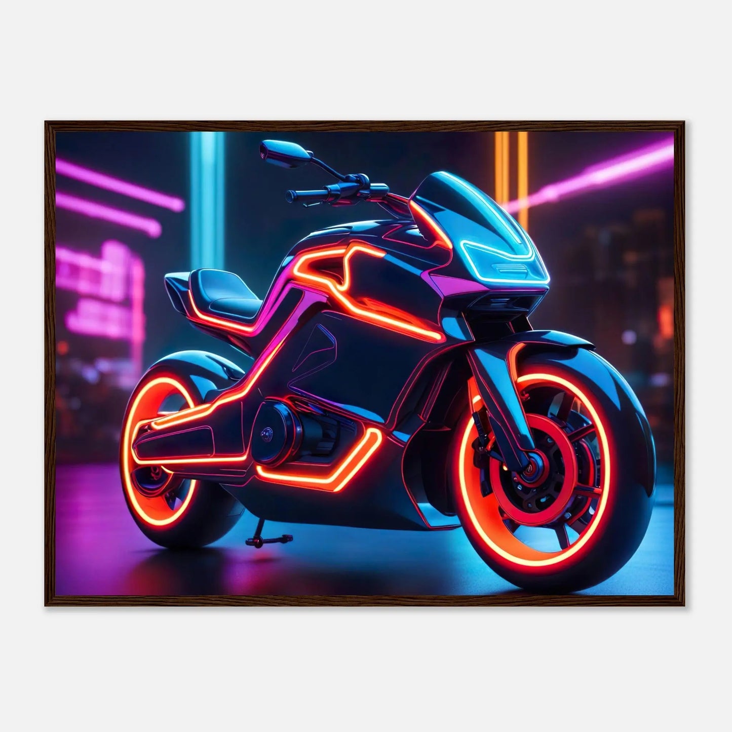 Gerahmtes Premium-Poster -Futuristisches Motorrad- Neon Stil, KI-Kunst - RolConArt, Neon, 60x80-cm-24x32-Dunkler-Holzrahmen