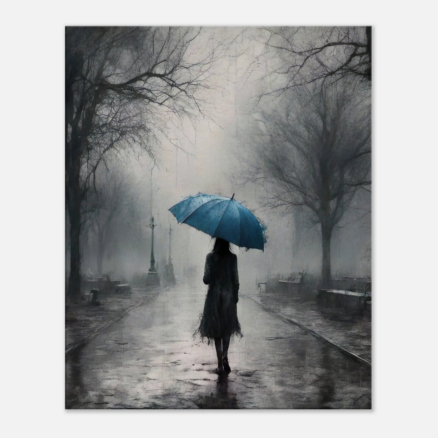 Leinwandbild -Frau mit einem blauen Regenschirm- Schwarz-Weiß, KI-Kunst - RolConArt, Schwarz-Weiß mit Akzentfarben, 60x75-cm-24x30