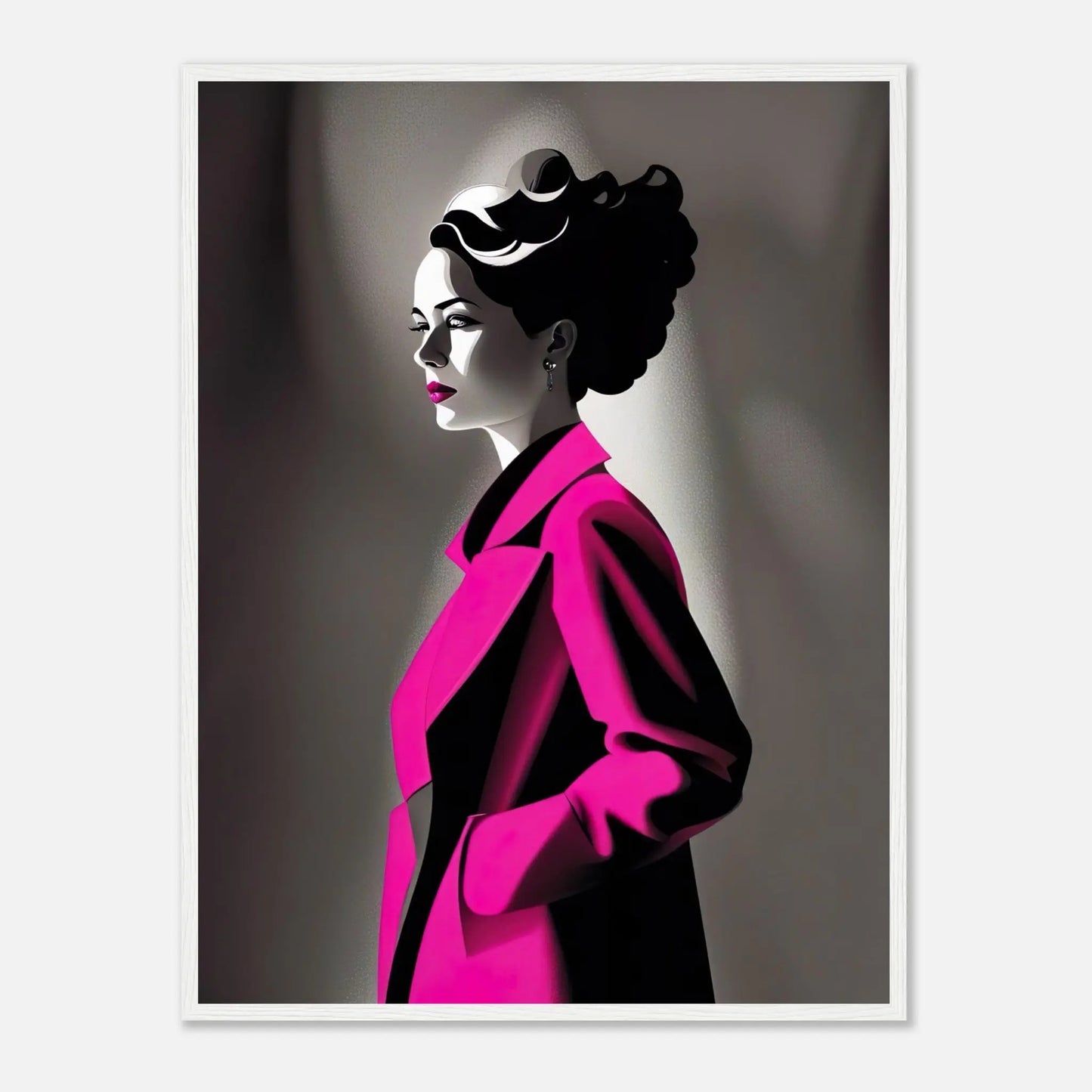Gerahmtes Premium-Poster - Frau im rosa Mantel - Schwarz-Weiß, KI-Kunst - RolConArt, Schwarz-Weiß mit Akzentfarben, 60x80-cm-24x32-Weißer-Rahmen