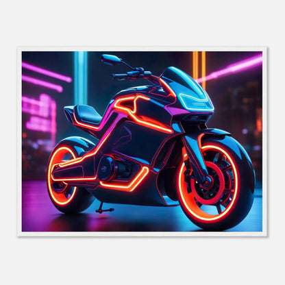 Gerahmtes Premium-Poster -Futuristisches Motorrad- Neon Stil, KI-Kunst - RolConArt, Neon, 60x80-cm-24x32-Weißer-Rahmen