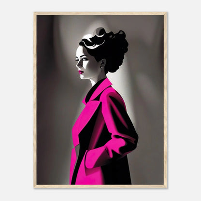 Gerahmtes Premium-Poster - Frau im rosa Mantel - Schwarz-Weiß, KI-Kunst - RolConArt, Schwarz-Weiß mit Akzentfarben, 60x80-cm-24x32-Holzrahmen