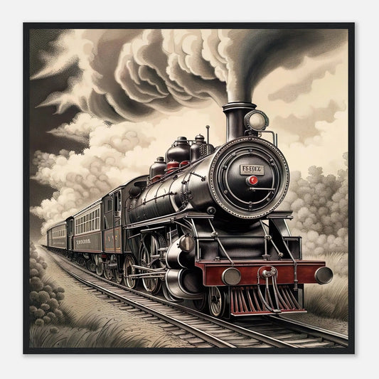 Gerahmtes Premium-Poster - Dampflokomotive - Schwarz-Weiß, KI-Kunst - RolConArt, Schwarz-Weiß mit Akzentfarben, 70x70-cm-28x28-Schwarzer-Rahmen