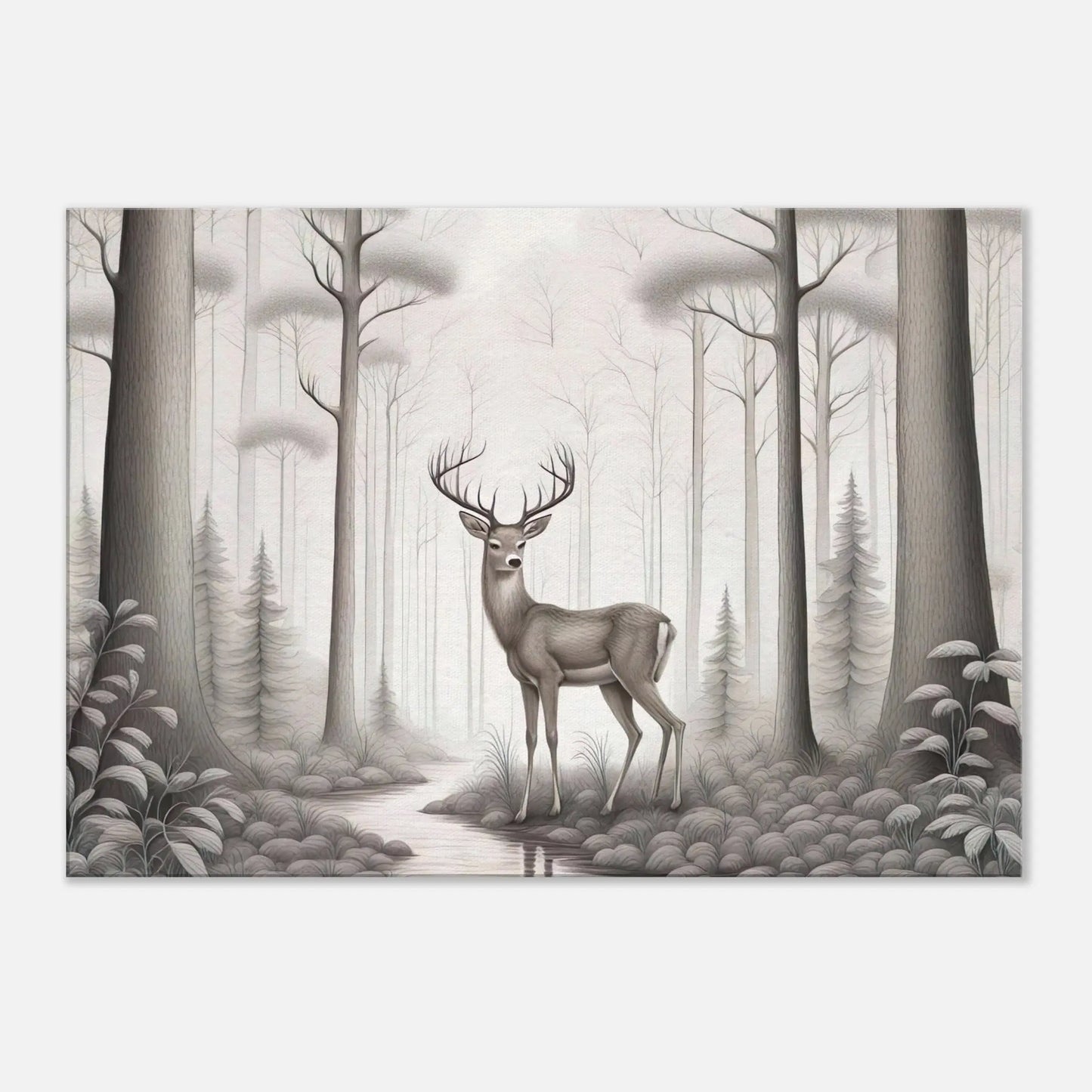 Leinwandbild - Hirsch im Wald - Schwarz-Weiß, Bleistift Stil, KI-Kunst - RolConArt, Schwarz-Weiß, 70x100-cm-28x40