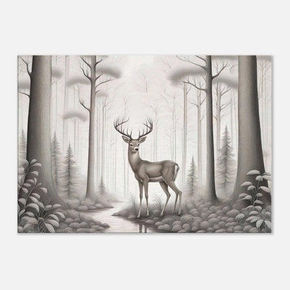 Leinwandbild - Hirsch im Wald - Schwarz-Weiß, Bleistift Stil, KI-Kunst - RolConArt, Schwarz-Weiß, 70x100-cm-28x40