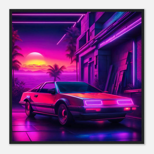 Gerahmtes Premium-Poster - Retro Auto - Neon Stil, KI-Kunst - RolConArt, Neon, 70x70-cm-28x28-Schwarzer-Rahmen