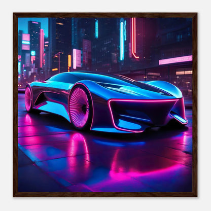 Gerahmtes Premium-Poster -Futuristisches Fahrzeug- Neon Stil, KI-Kunst - RolConArt, Neon, 50x50-cm-20x20-Dunkler-Holzrahmen