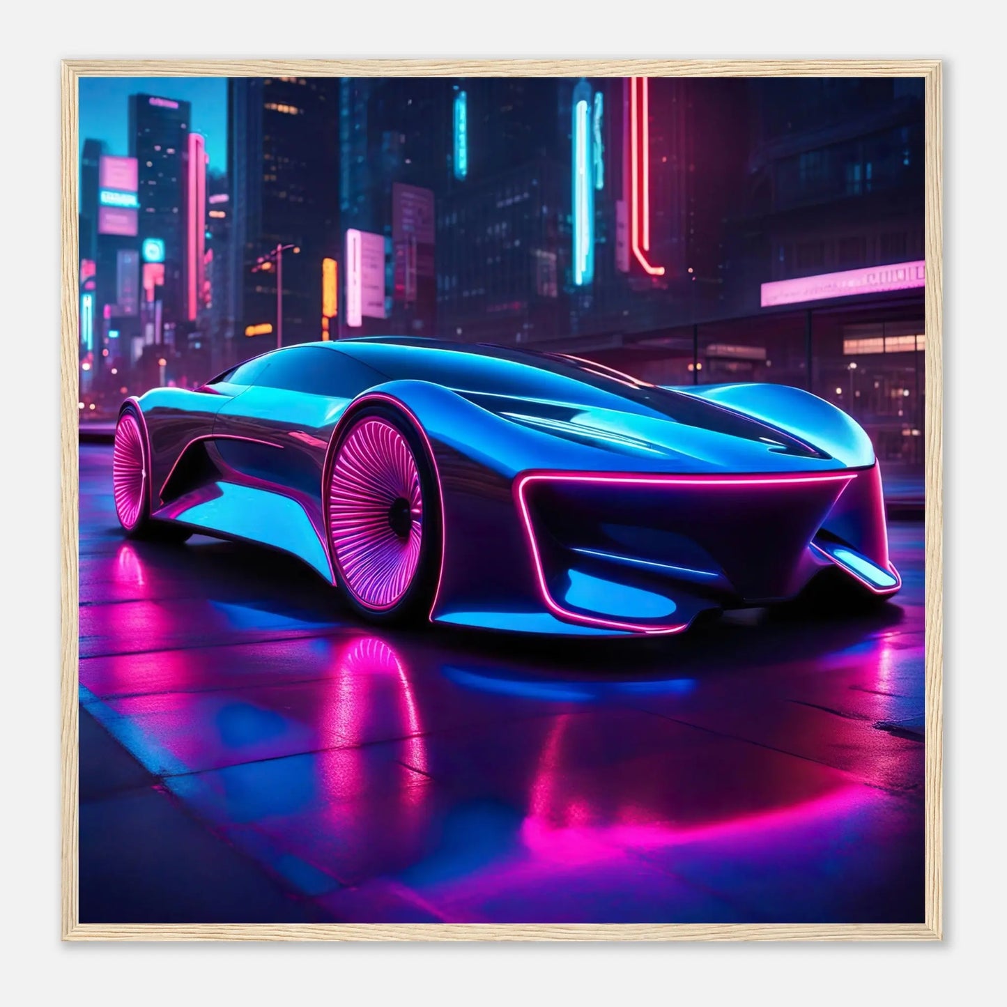 Gerahmtes Premium-Poster -Futuristisches Fahrzeug- Neon Stil, KI-Kunst - RolConArt, Neon, 70x70-cm-28x28-Holzrahmen