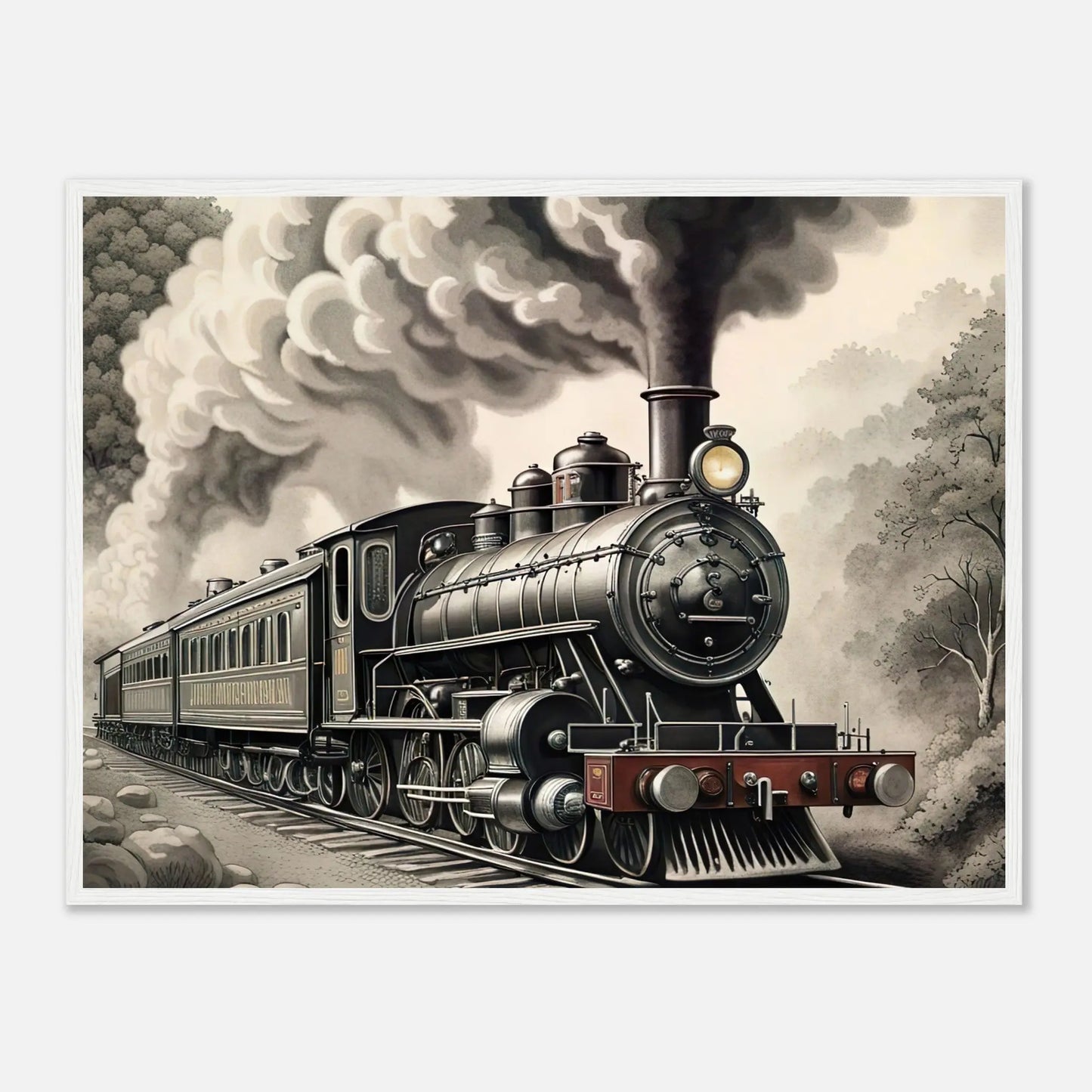 Gerahmtes Premium-Poster - Dampflokomotive - Schwarz-Weiß, KI-Kunst - RolConArt, Schwarz-Weiß mit Akzentfarben, 60x80-cm-24x32-Weißer-Rahmen