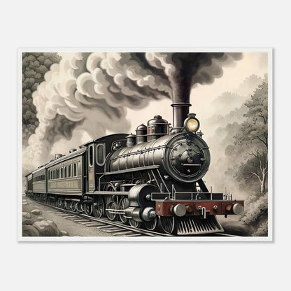 Gerahmtes Premium-Poster - Dampflokomotive - Schwarz-Weiß, KI-Kunst - RolConArt, Schwarz-Weiß mit Akzentfarben, 60x80-cm-24x32-Weißer-Rahmen