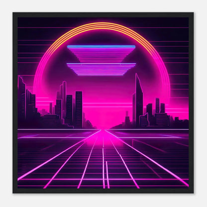 Gerahmtes Premium-Poster - Stadtlandschaft - Neon Stil, KI-Kunst - RolConArt, Neon, 50x50-cm-20x20-Schwarzer-Rahmen