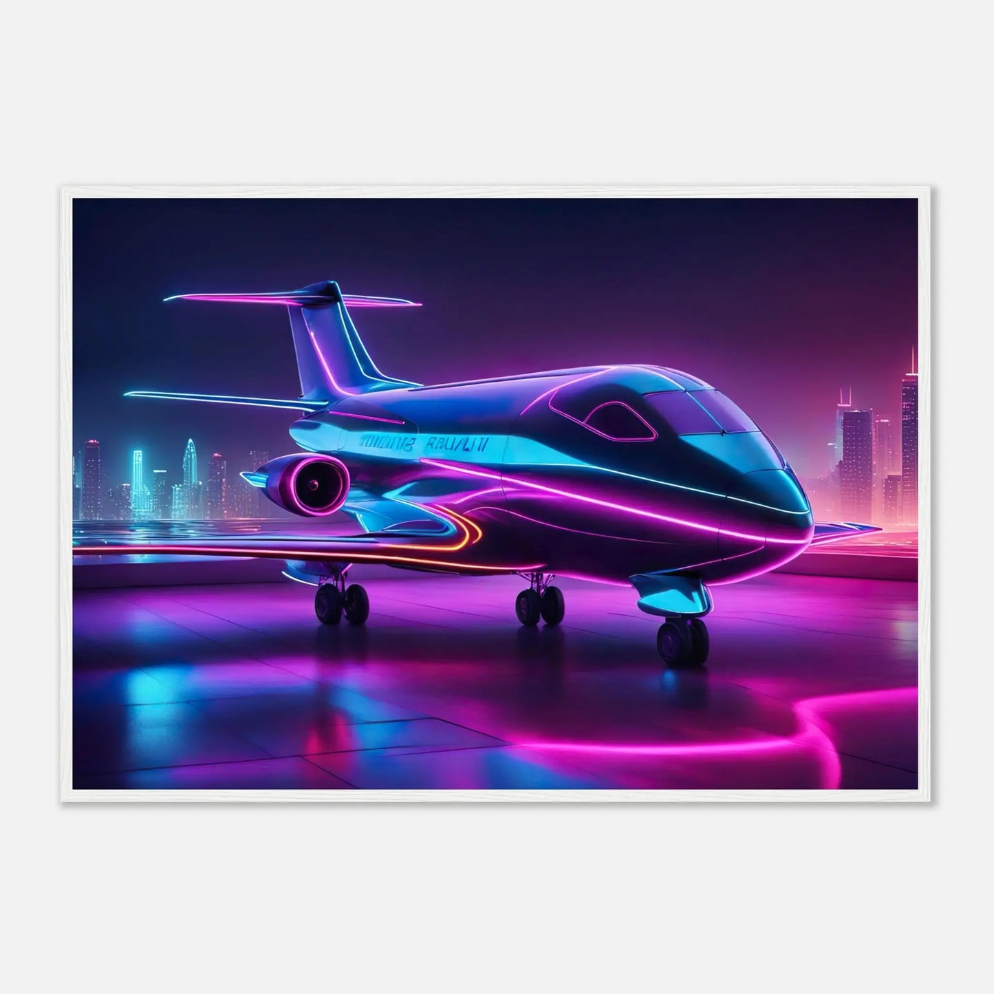 Gerahmtes Premium-Poster -Futuristisches Flugzeug- Neon Stil, KI-Kunst - RolConArt, Neon, 70x100-cm-28x40-Weißer-Rahmen