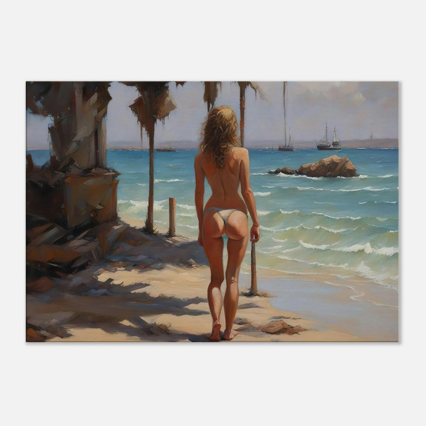 Leinwandbild - Frau am Strand - Malerischer Stil, KI-Kunst - RolConArt, Malerischer Stil - Porträts, 70x100-cm-28x40