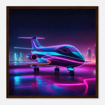 Gerahmtes Premium-Poster -Futuristisches Flugzeug- Neon Stil, KI-Kunst - RolConArt, Neon, 50x50-cm-20x20-Dunkler-Holzrahmen