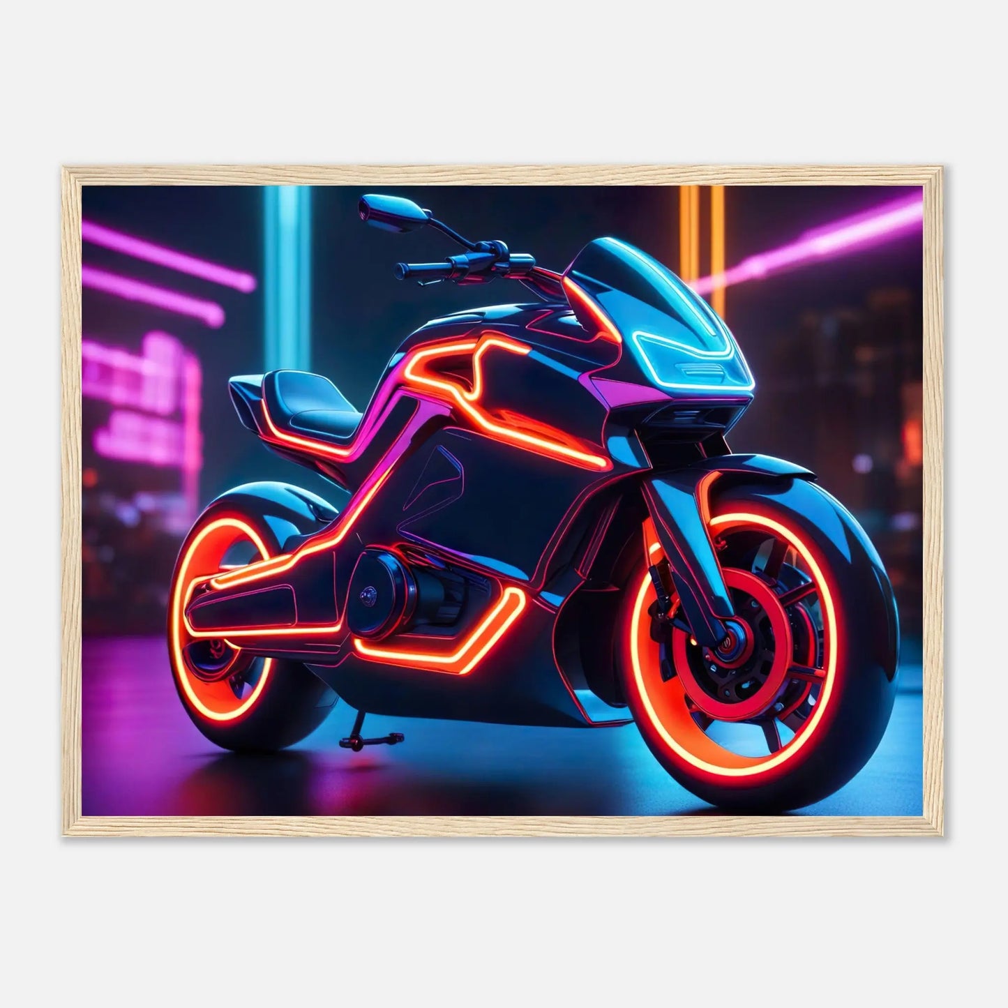 Gerahmtes Premium-Poster -Futuristisches Motorrad- Neon Stil, KI-Kunst - RolConArt, Neon, 45x60-cm-18x24-Holzrahmen