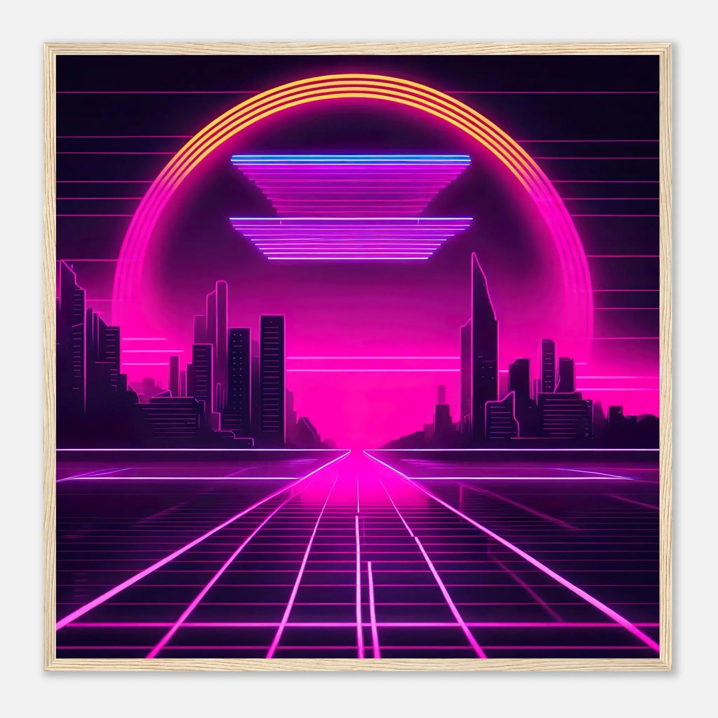 Gerahmtes Premium-Poster - Stadtlandschaft - Neon Stil, KI-Kunst - RolConArt, Neon, 70x70-cm-28x28-Holzrahmen