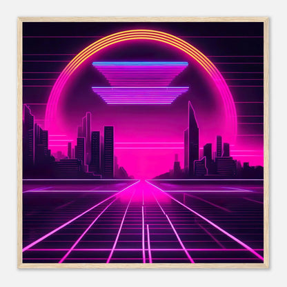 Gerahmtes Premium-Poster - Stadtlandschaft - Neon Stil, KI-Kunst - RolConArt, Neon, 70x70-cm-28x28-Holzrahmen