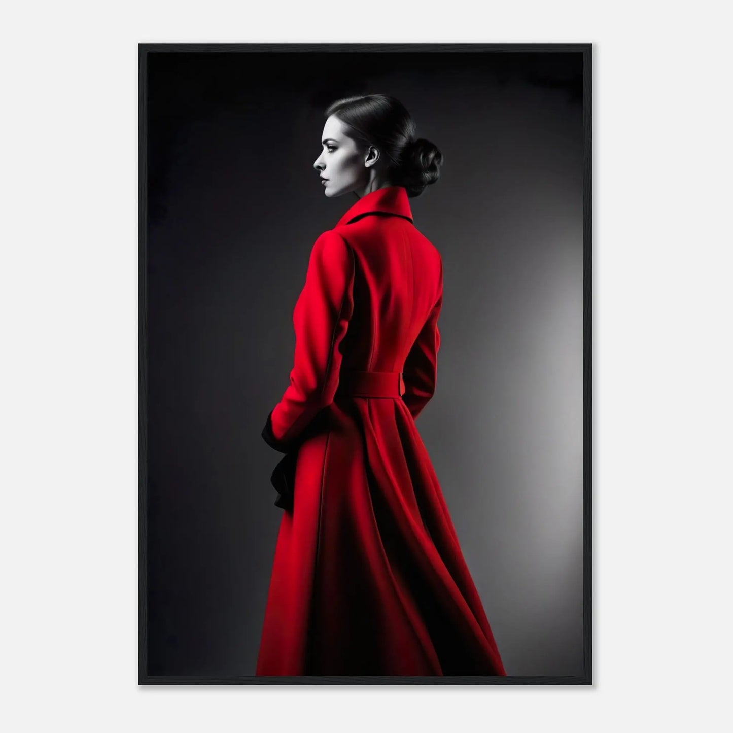 Gerahmtes Premium-Poster - Frau im roten Mantel - Schwarz-Weiß, KI-Kunst - RolConArt, Schwarz-Weiß mit Akzentfarben, 70x100-cm-28x40-Schwarzer-Rahmen