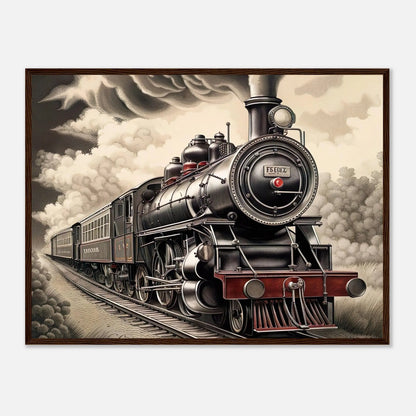 Gerahmtes Premium-Poster - Dampflokomotive - Schwarz-Weiß, KI-Kunst - RolConArt, Schwarz-Weiß mit Akzentfarben, 60x80-cm-24x32-Dunkler-Holzrahmen