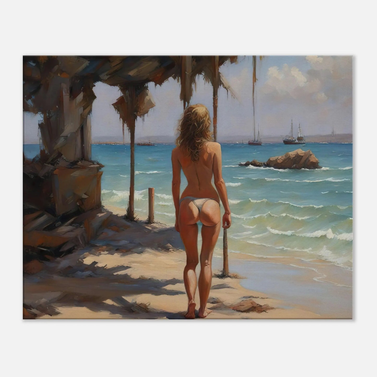 Leinwandbild - Frau am Strand - Malerischer Stil, KI-Kunst - RolConArt, Malerischer Stil - Porträts, 60x75-cm-24x30