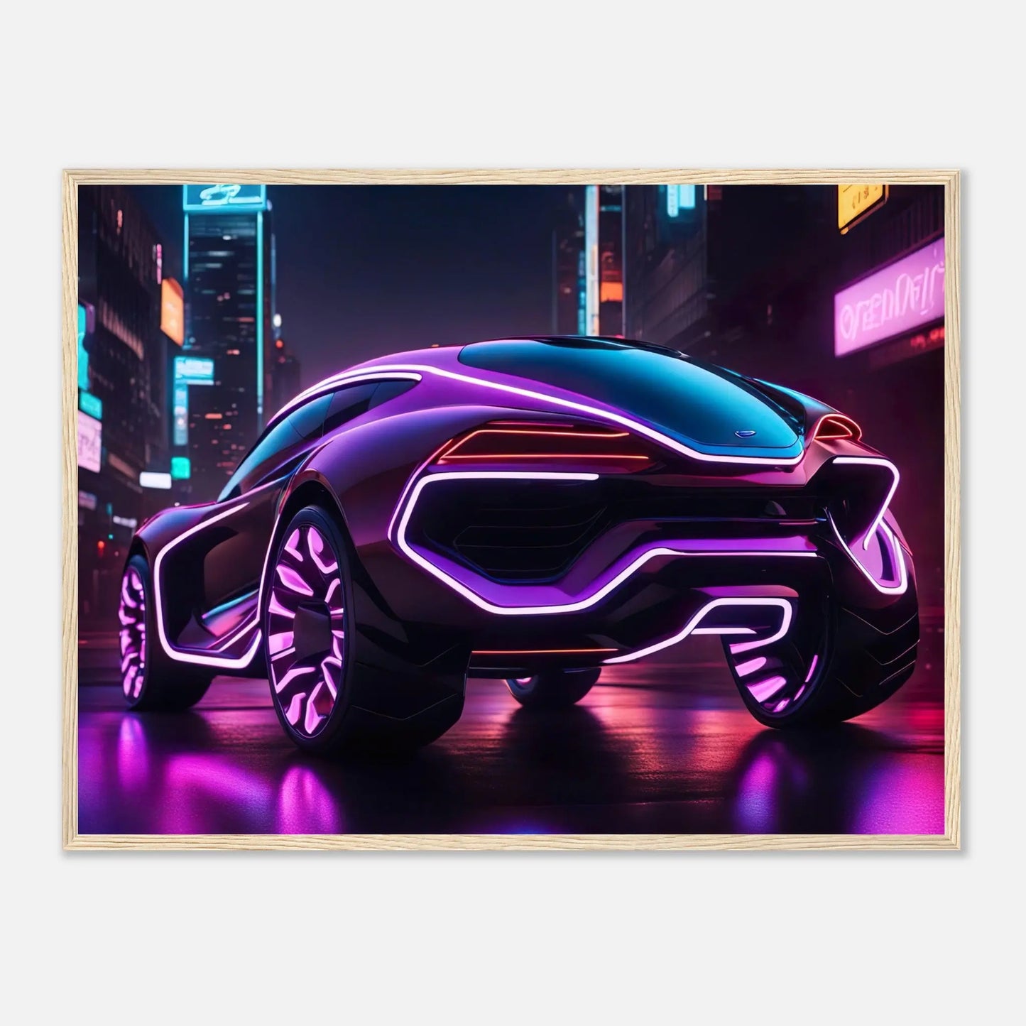 Gerahmtes Premium-Poster -Futuristisches Fahrzeug- Neon Stil, KI-Kunst - RolConArt, Neon, 60x80-cm-24x32-Holzrahmen