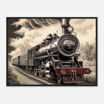 Gerahmtes Premium-Poster - Dampflokomotive - Schwarz-Weiß, KI-Kunst - RolConArt, Schwarz-Weiß mit Akzentfarben, 60x80-cm-24x32-Schwarzer-Rahmen