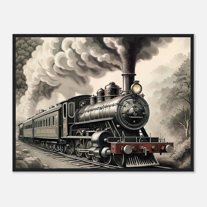 Gerahmtes Premium-Poster - Dampflokomotive - Schwarz-Weiß, KI-Kunst - RolConArt, Schwarz-Weiß mit Akzentfarben, 60x80-cm-24x32-Schwarzer-Rahmen