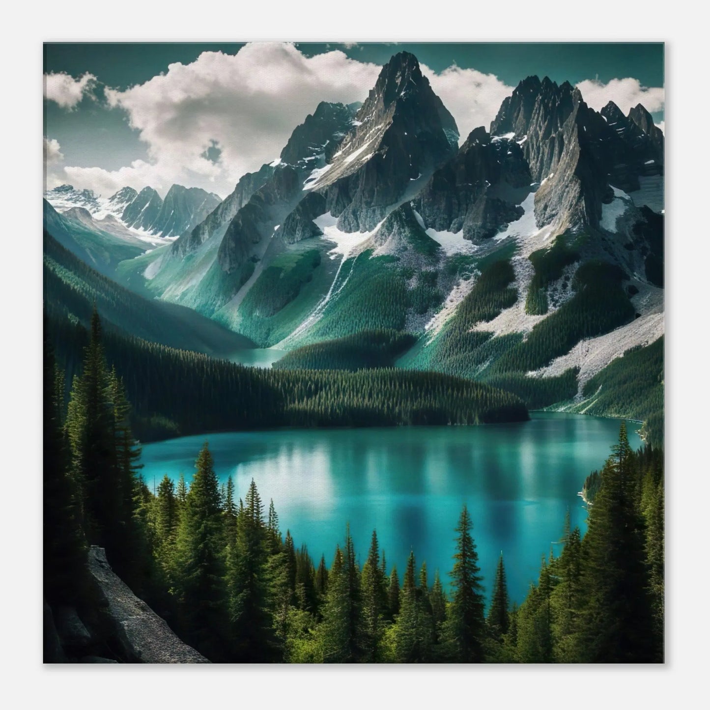 Leinwandbild - Berglandschaft mit See - Foto Stil, KI-Kunst - RolConArt, Landschaften, 60x60-cm-24x24