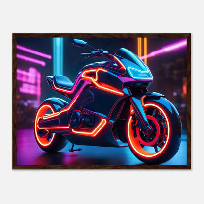 Gerahmtes Premium-Poster -Futuristisches Motorrad- Neon Stil, KI-Kunst - RolConArt, Neon, 45x60-cm-18x24-Dunkler-Holzrahmen