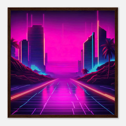 Gerahmtes Premium-Poster - Stadtlandschaft - Neon Stil, KI-Kunst - RolConArt, Neon, 50x50-cm-20x20-Dunkler-Holzrahmen