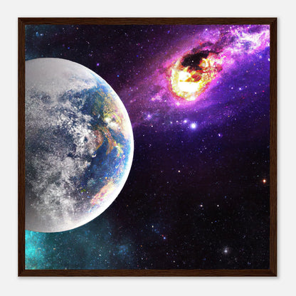 Gerahmtes Premium-Poster - Planet und Komet - Digitaler Stil, KI-Kunst - RolConArt, Sci-Fi, 50x50-cm-20x20-Dunkles-Holz