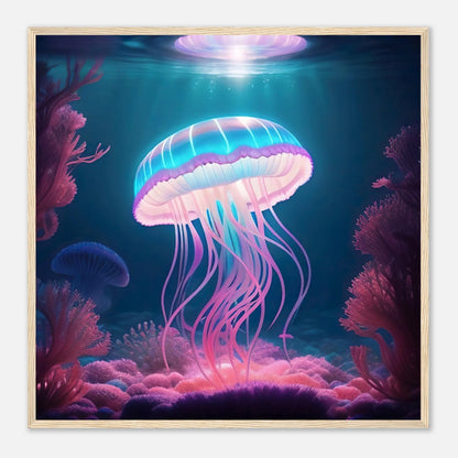 Gerahmtes Premium-Poster - Qualle - Digitaler Stil, KI-Kunst - RolConArt, Unterwasserlandschaften, 70x70-cm-28x28-Holzrahmen