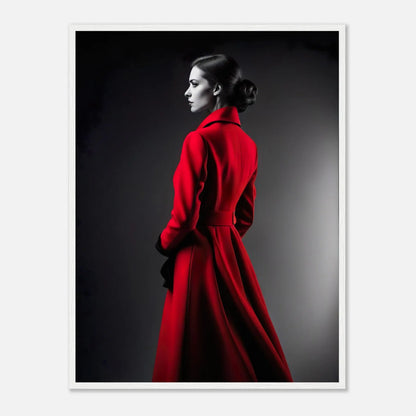 Gerahmtes Premium-Poster - Frau im roten Mantel - Schwarz-Weiß, KI-Kunst - RolConArt, Schwarz-Weiß mit Akzentfarben, 60x80-cm-24x32-Weißer-Rahmen