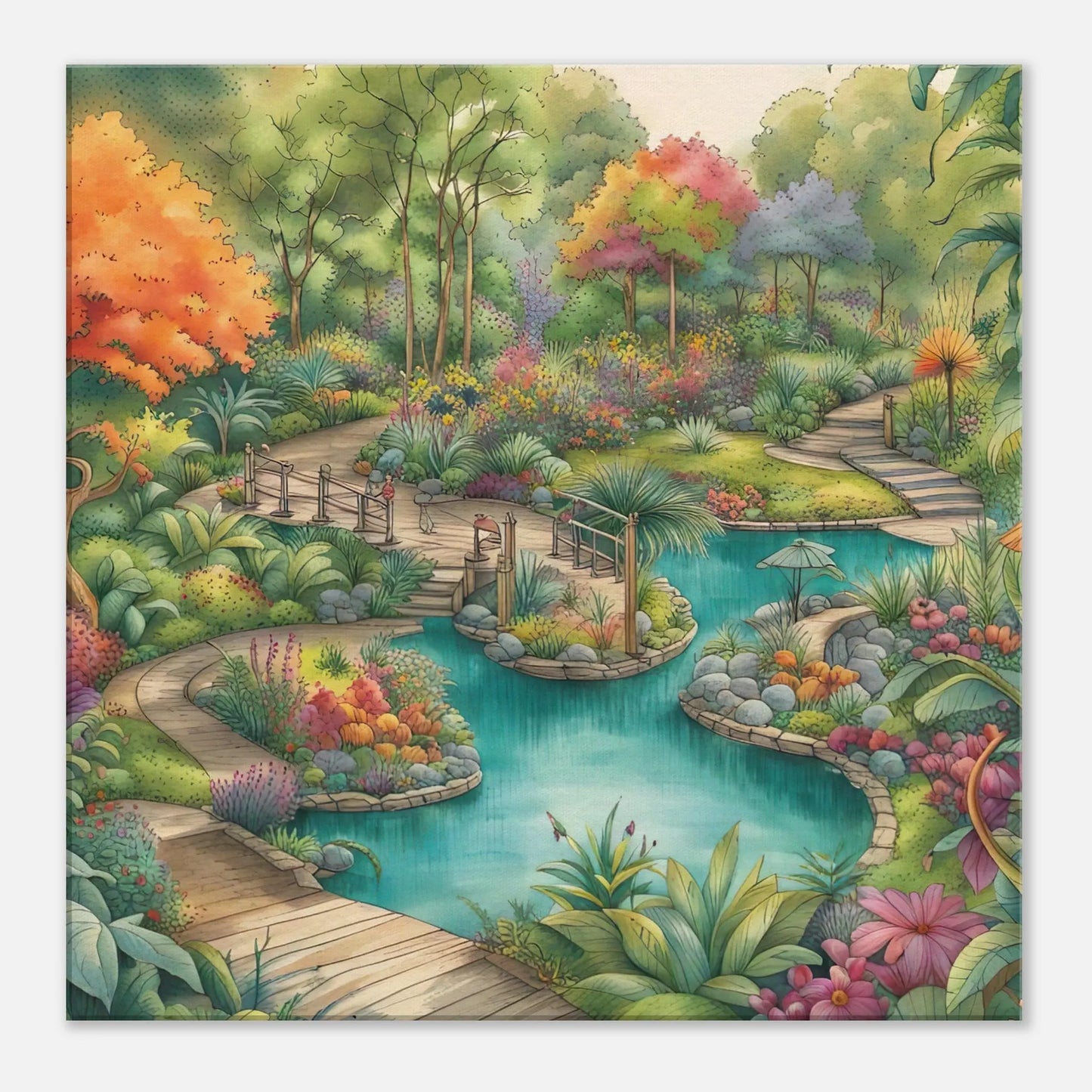 Leinwandbild - Garten mit Teich - Malerischer Stil, KI-Kunst - RolConArt, Landschaften, 60x60-cm-24x24