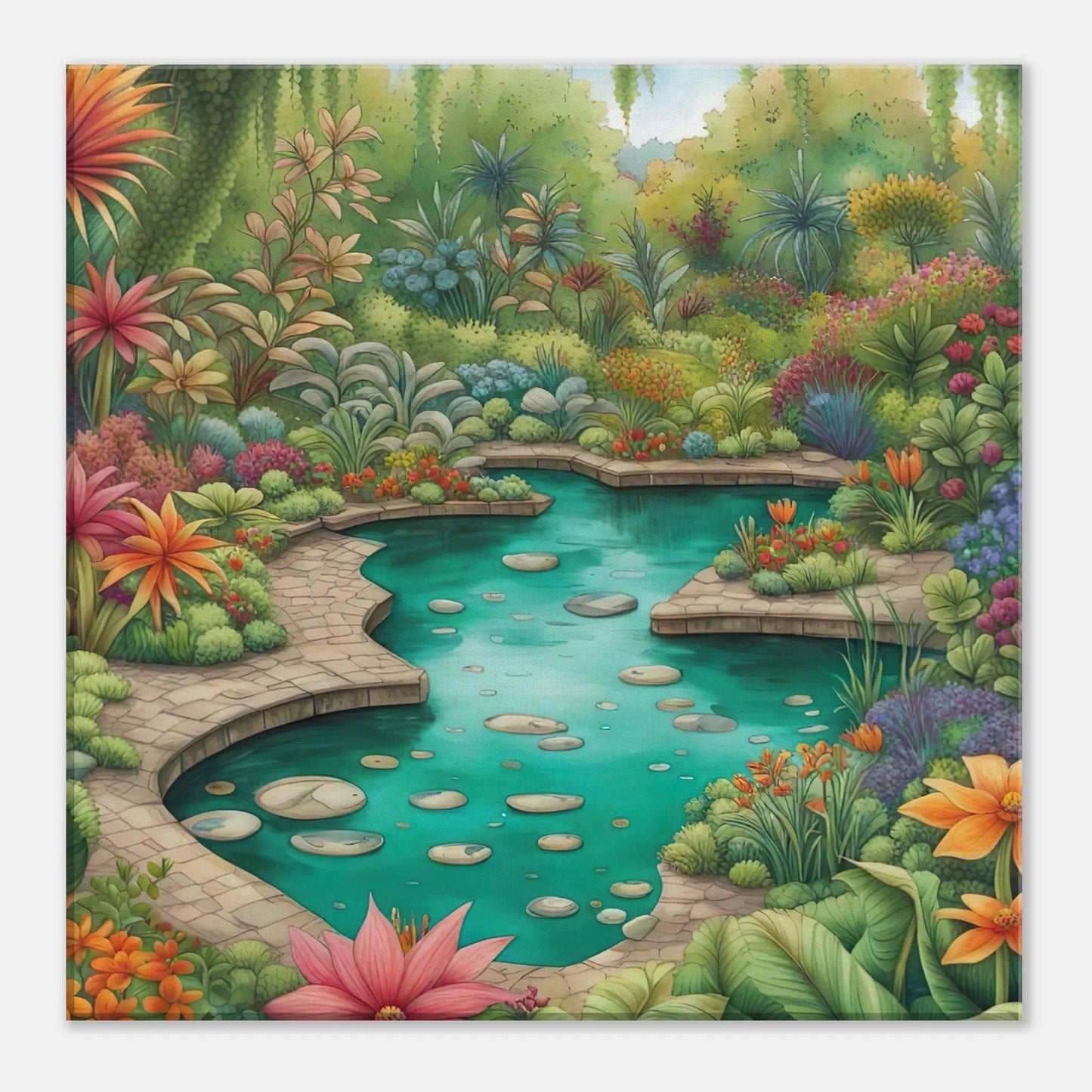 Leinwandbild - Garten mit Teich - Malerischer Stil, KI-Kunst - RolConArt, Landschaften, 40x40-cm-16x16