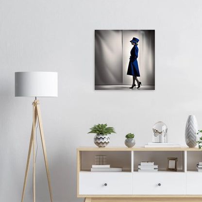 Moderner Forex-Druck - Frau im blauen Mantel - Schwarz-Weiß, KI-Kunst RolConArt