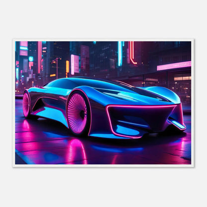 Gerahmtes Premium-Poster -Futuristisches Fahrzeug- Neon Stil, KI-Kunst - RolConArt, Neon, 70x100-cm-28x40-Weißer-Rahmen