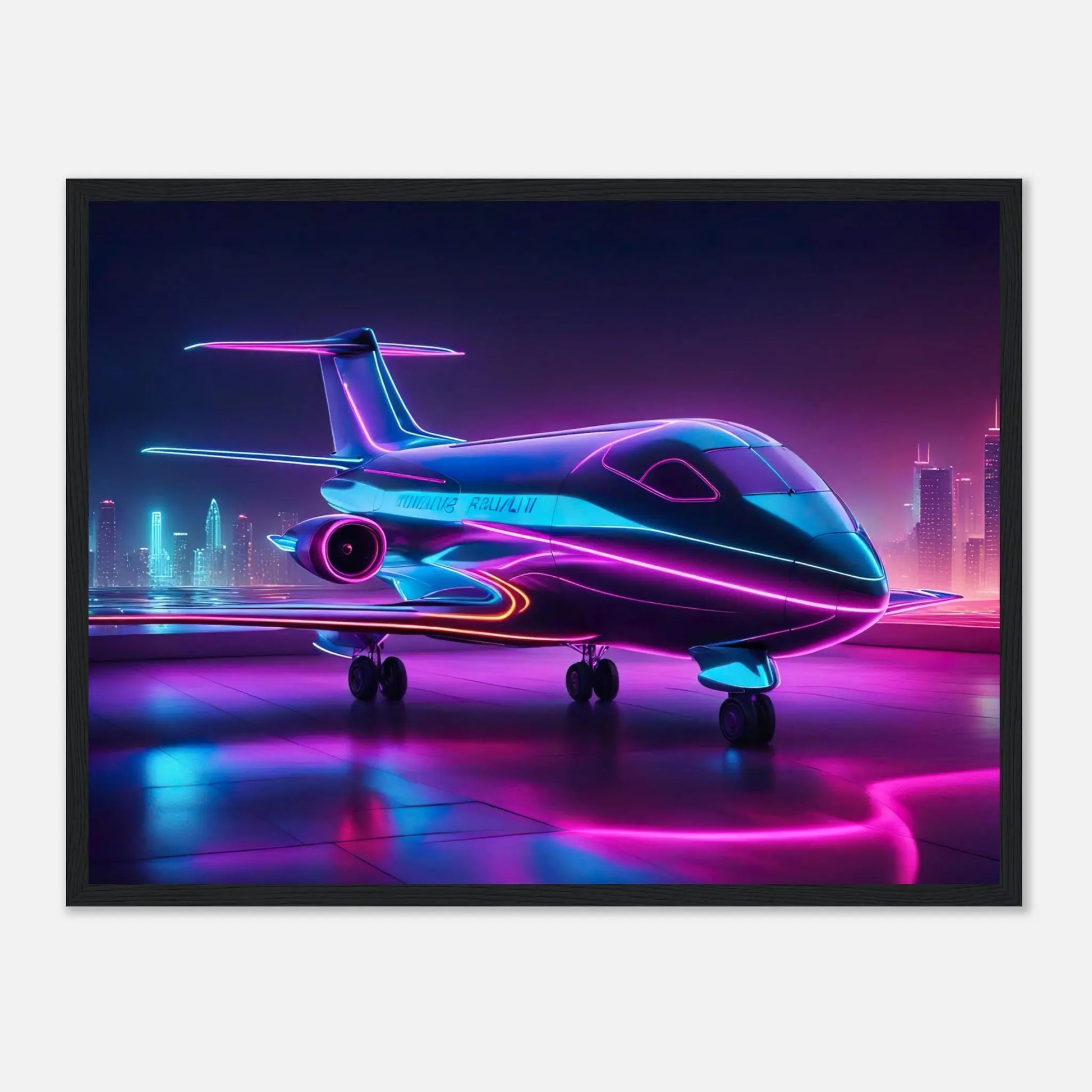 Gerahmtes Premium-Poster -Futuristisches Flugzeug- Neon Stil, KI-Kunst - RolConArt, Neon, 45x60-cm-18x24-Schwarzer-Rahmen