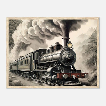 Gerahmtes Premium-Poster - Dampflokomotive - Schwarz-Weiß, KI-Kunst - RolConArt, Schwarz-Weiß mit Akzentfarben, 45x60-cm-18x24-Holzrahmen