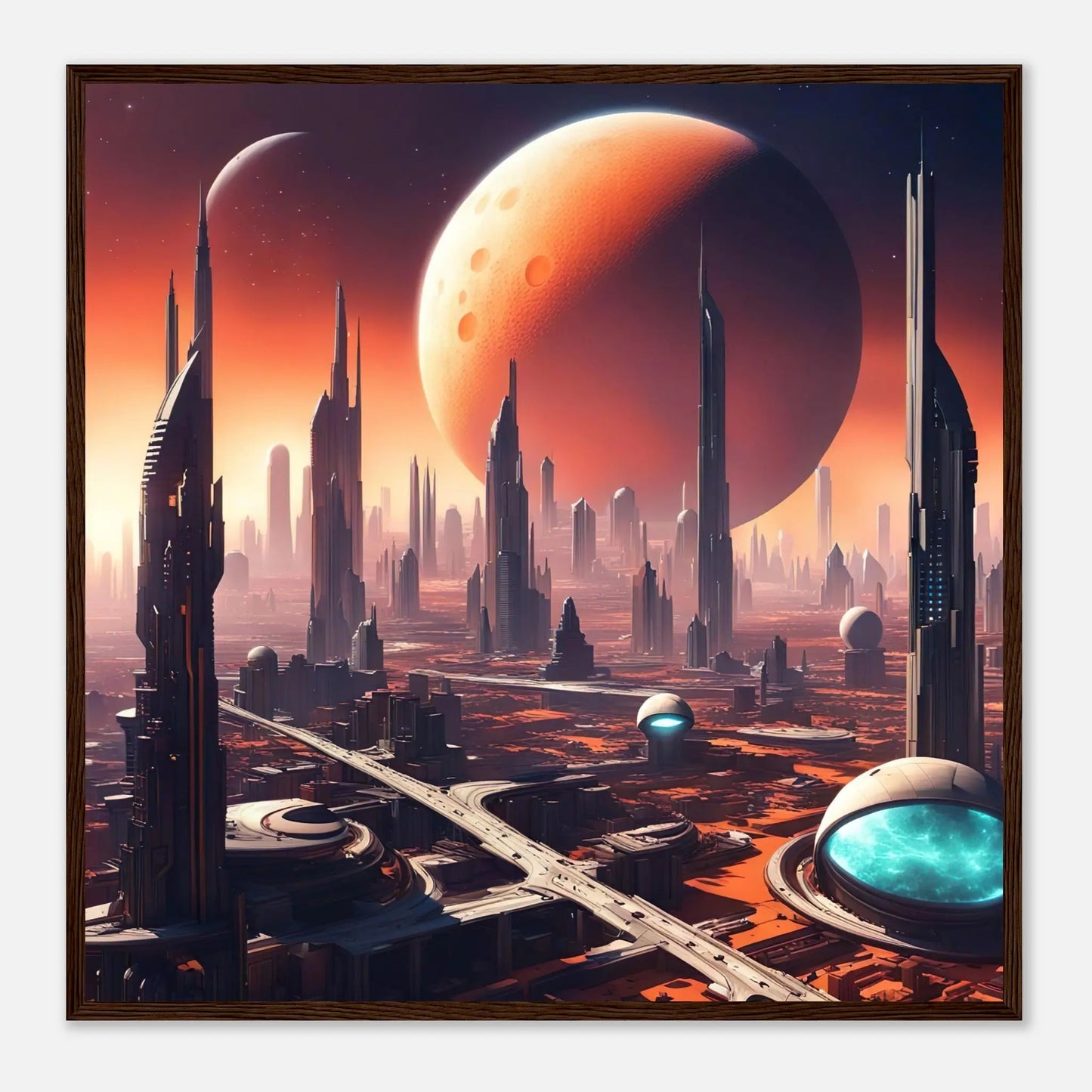 Gerahmtes Premium-Poster -Futuristische Welt- Digitaler Stil, KI-Kunst - RolConArt, Sci-Fi, 70x70-cm-28x28-Dunkler-Holzrahmen