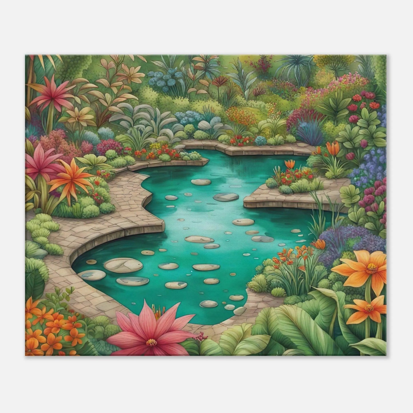 Leinwandbild - Garten mit Teich - Malerischer Stil, KI-Kunst - RolConArt, Landschaften, 50x60-cm-20x24