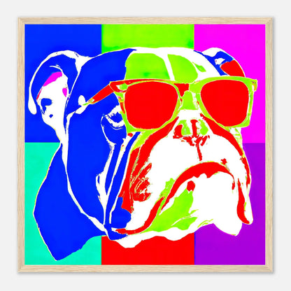 Gerahmtes Premium-Poster - Englische Bulldogge - Pop Art Stil, KI-Kunst - RolConArt, Pop Art - Tiere, 50x50-cm-20x20-Holz