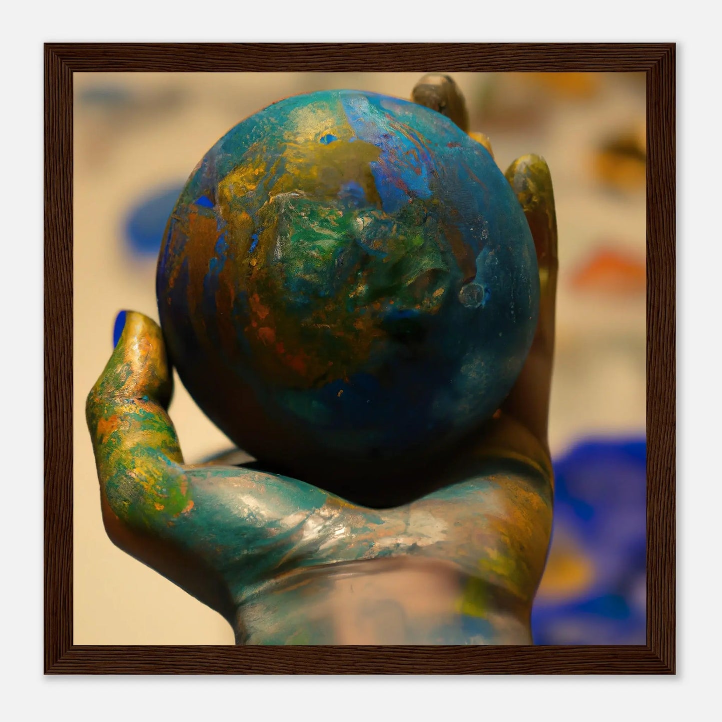 Gerahmtes Premium-Poster - Planet in der Hand - Foto Stil, KI-Kunst - RolConArt, Fotokunst - Kreative Vielfalt, 30x30-cm-12x12-Dunkles-Holz