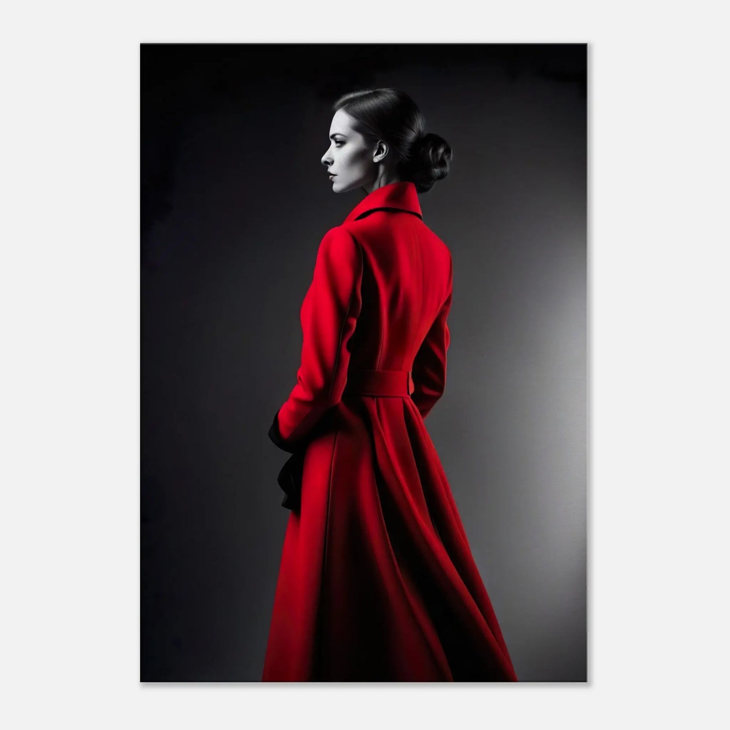 Leinwandbild - Frau im roten Mantel - Schwarz-Weiß Stil, KI-Kunst - RolConArt, Schwarz-Weiß mit Akzentfarben, 70x100-cm-28x40
