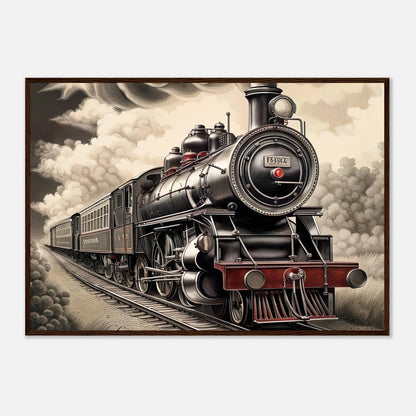 Gerahmtes Premium-Poster - Dampflokomotive - Schwarz-Weiß, KI-Kunst - RolConArt, Schwarz-Weiß mit Akzentfarben, 70x100-cm-28x40-Dunkler-Holzrahmen