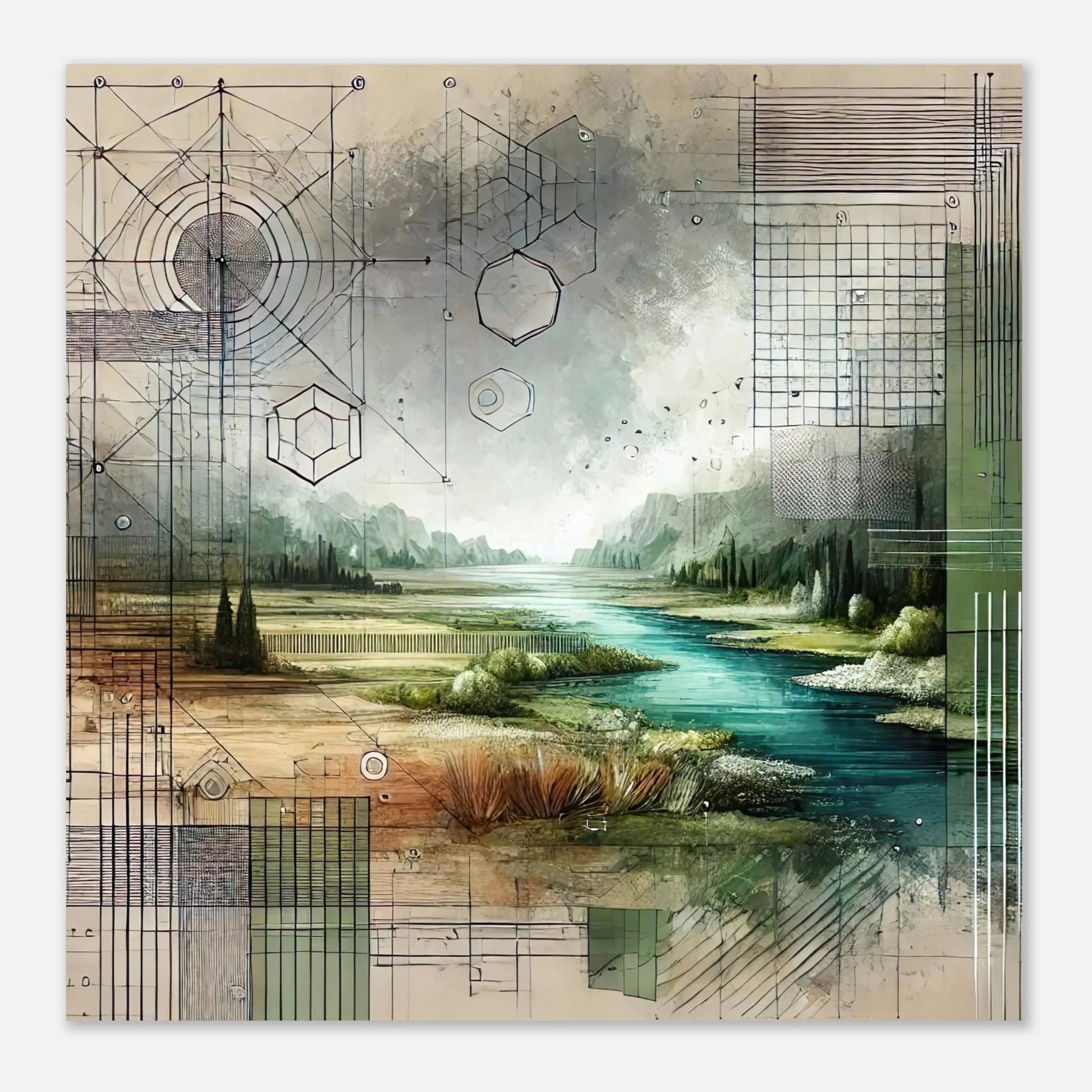 Aluminiumdruck - Geometrische Landschaft - Abstrakter Stil, KI-Kunst, Kreative Vielfalt, 30x30-cm-12x12 - RolConArt