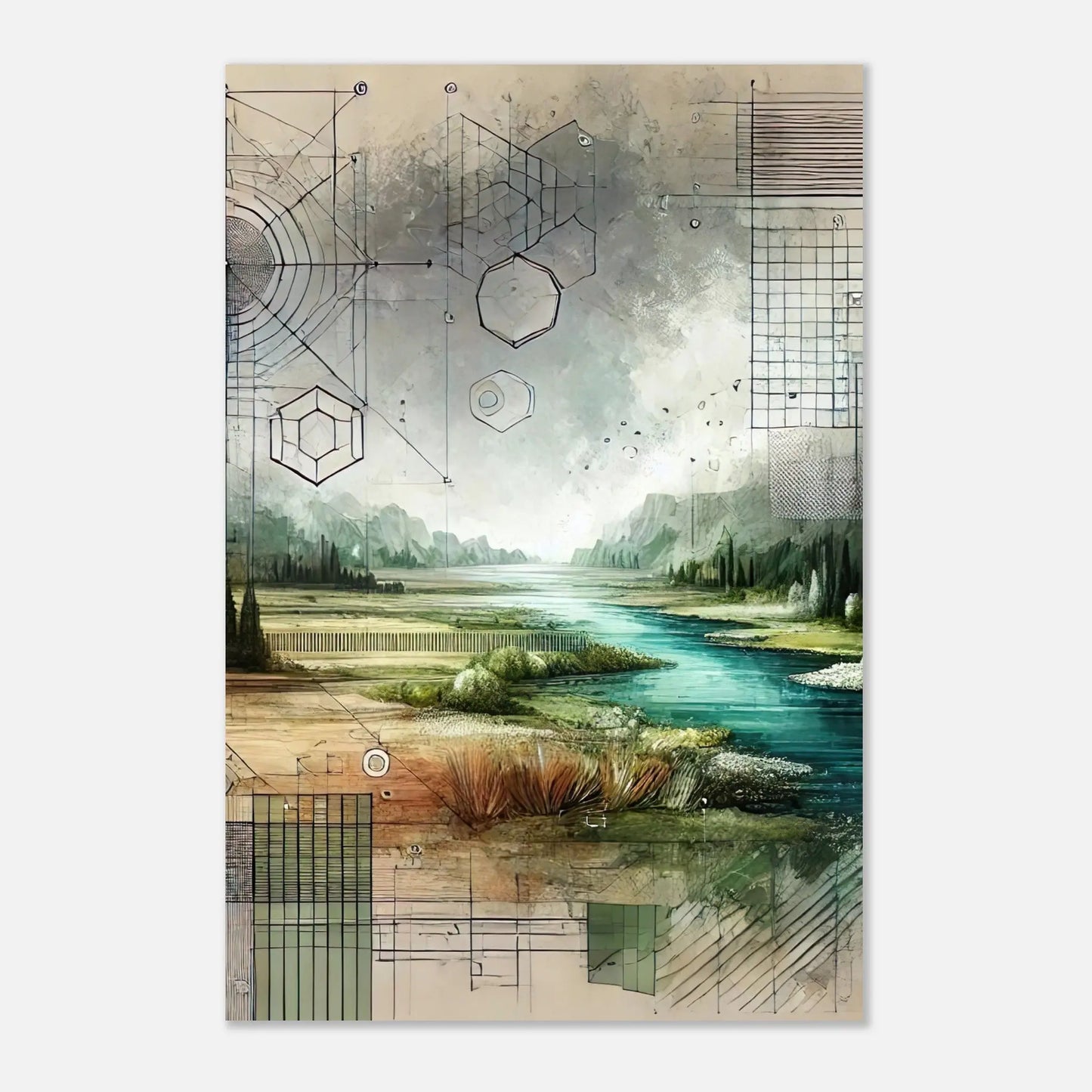 Aluminiumdruck - Geometrische Landschaft - Abstrakter Stil, KI-Kunst, Kreative Vielfalt, 50x75-cm-20x30 - RolConArt